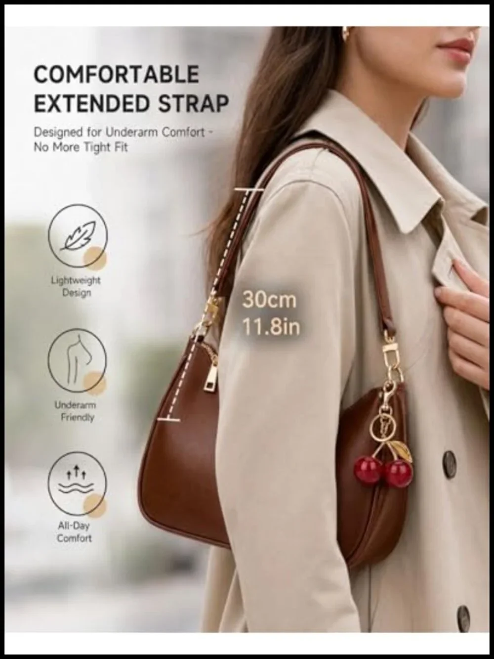 PU Leather Hobo Shoulder Bag with Zipper Closure and Cherry Charm